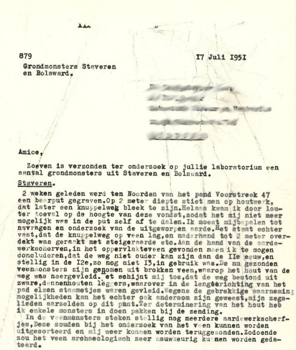 Brief van Halbertsma uit 1951 over het gevonden knuppelpad in Stavoren. Uit het correspondentiearchief van de RCE. 